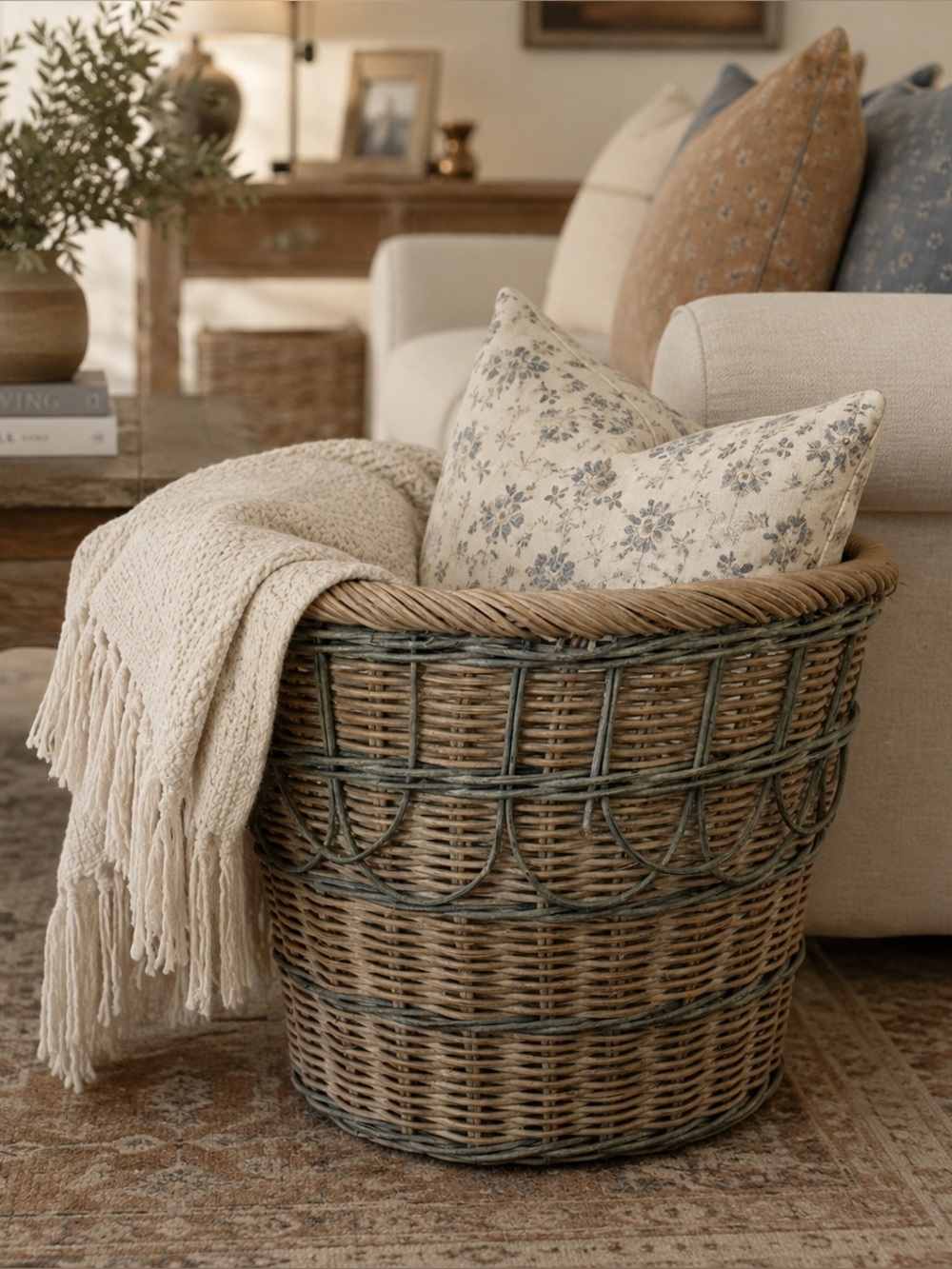 Vintage Woven Rattan Accent Basket Planter Wastebasket Decor Gray Cottagecore
